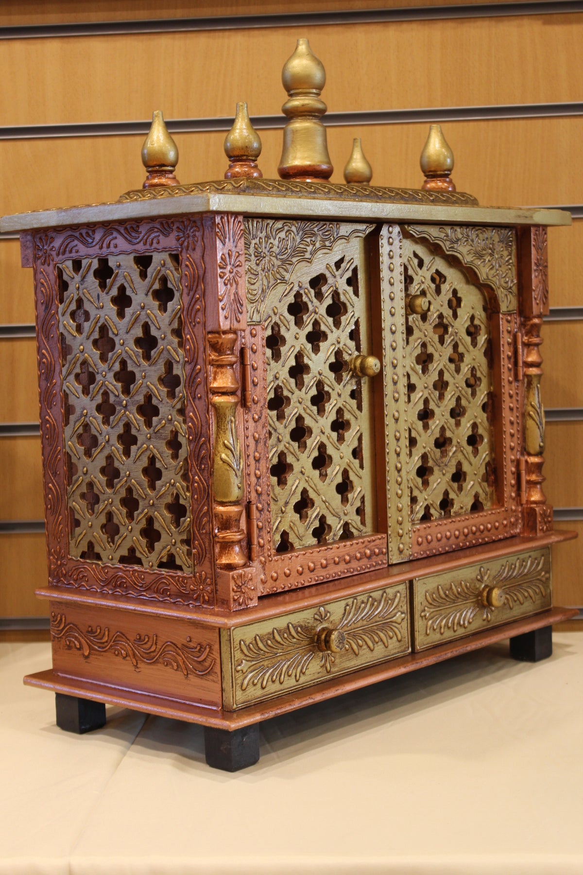 Jaipuri Mandir with Doors in bronze & gold, angled side view
