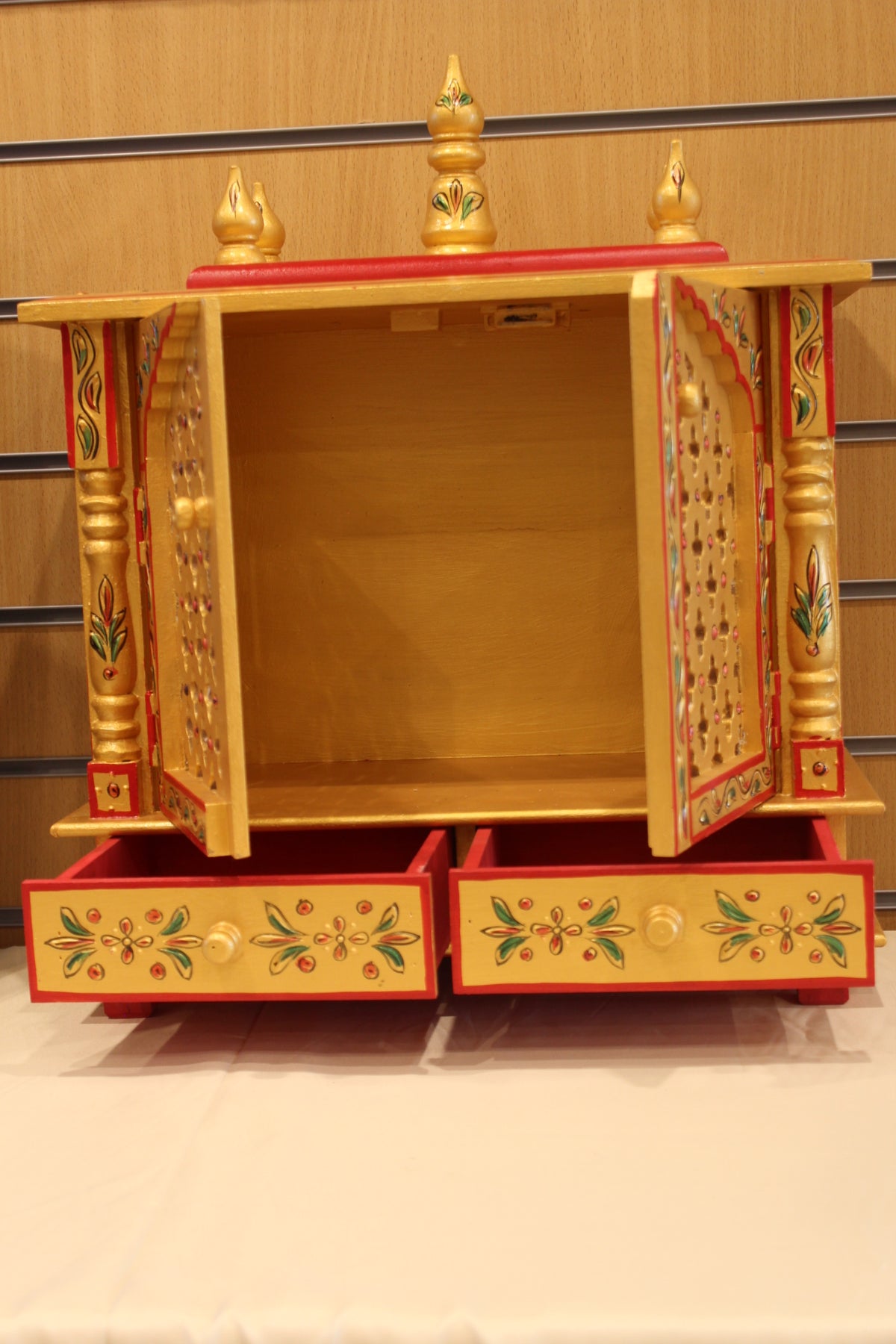 Jaipuri Mandir with Doors in golden yellow & red, doors and drawers open