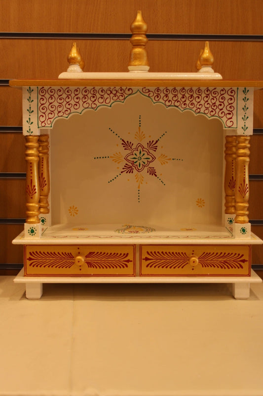 Open Front Jaipuri Mandir in white & gold, front view