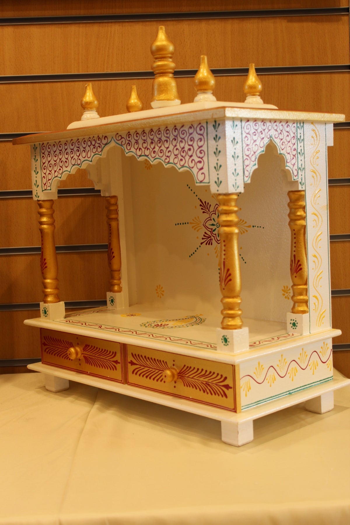 Open Front Jaipuri Mandir in white & gold, angled side view from the other side