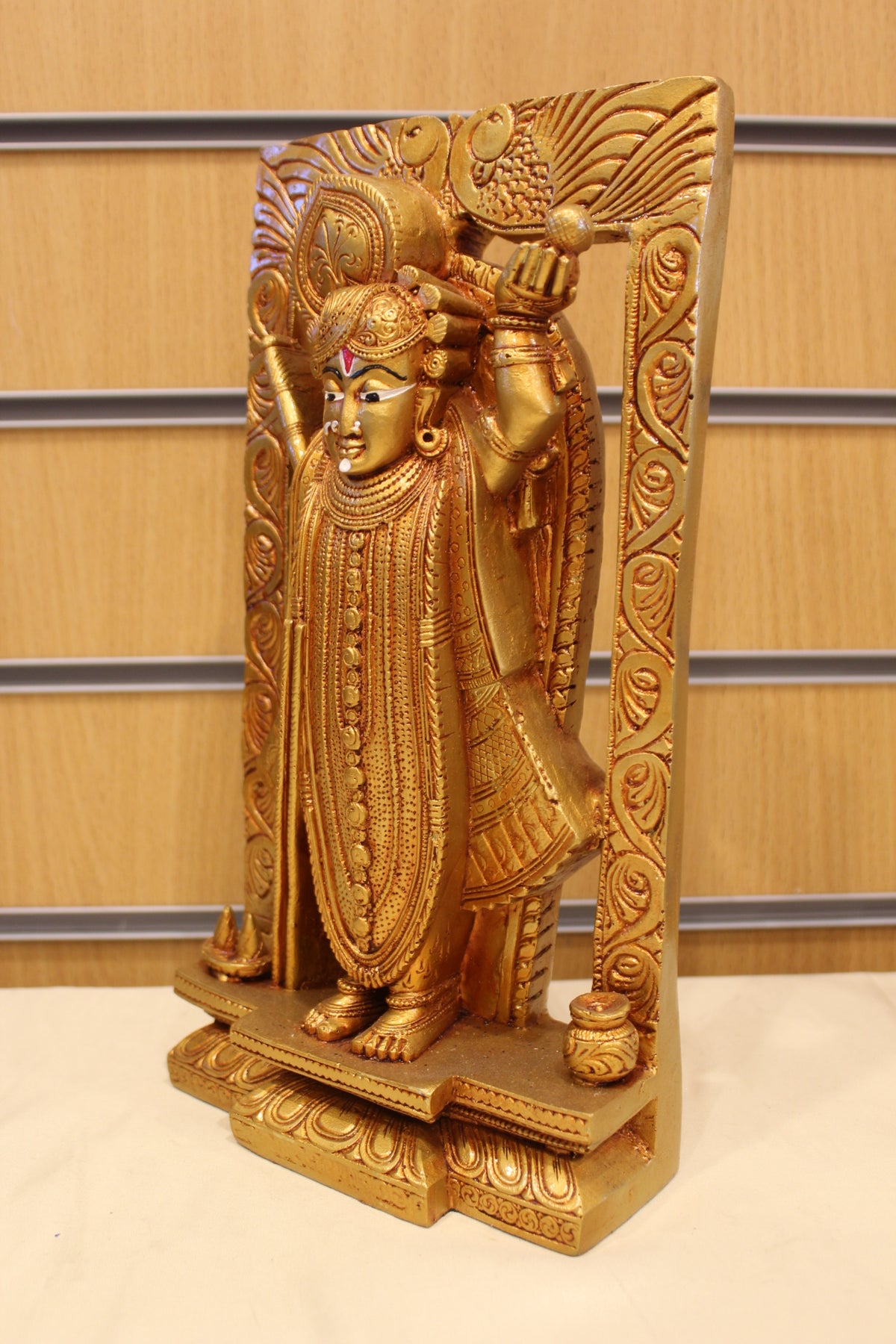 Resin/Fibre Shreenathji Statue for Home Temple – In Carved Frame, 11.5 inch – Gold – right side view
