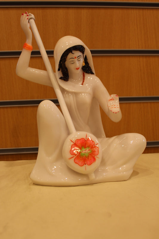 Resin/Fibre Mira Bai Statue – Seated with Tanpura, White – 12 inch – Flower Design – front view