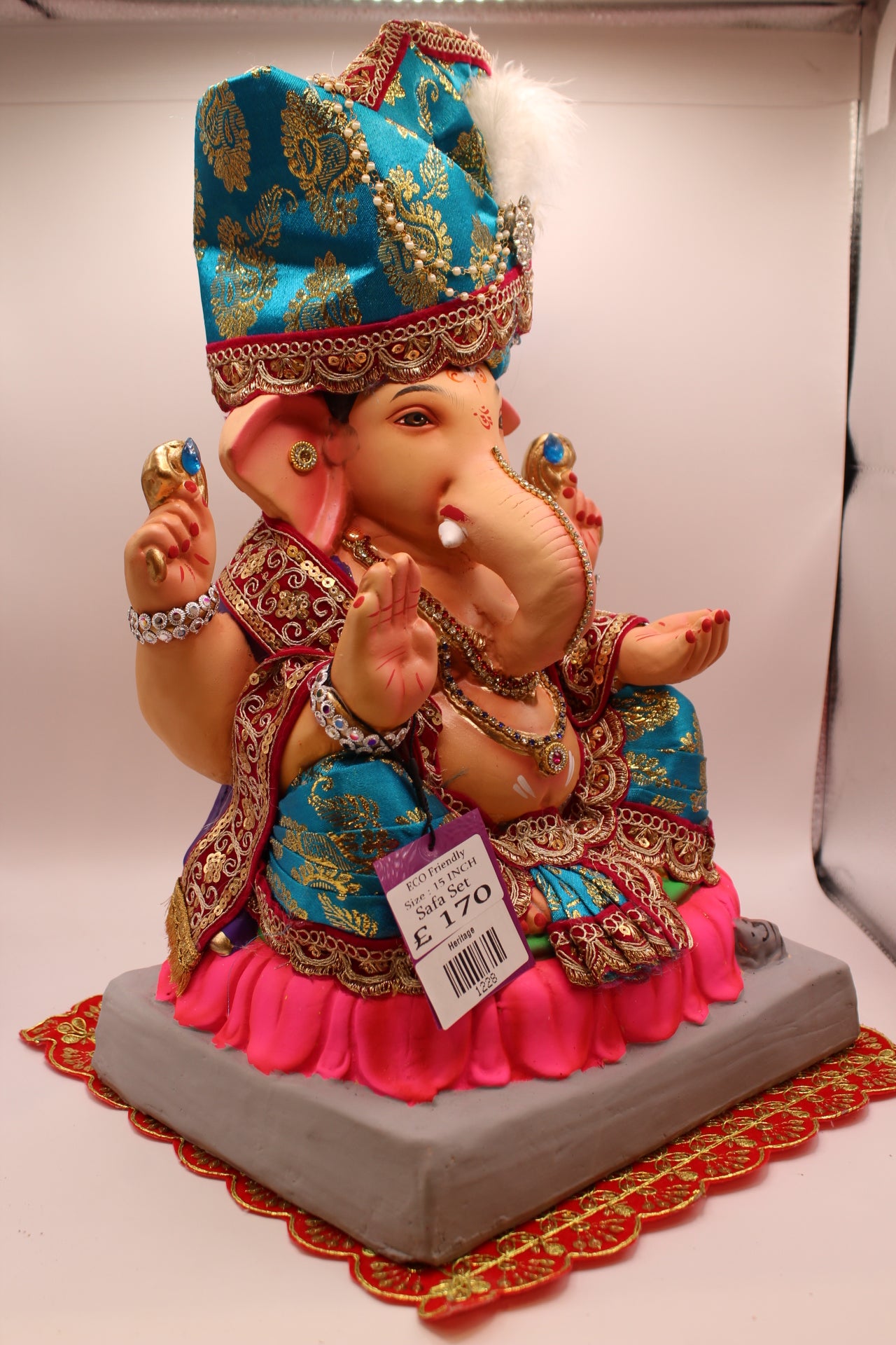 Eco-Friendly Ganesh Visarjan idol, Full Safa Set Teal Brocade & Wine Velvet, side view