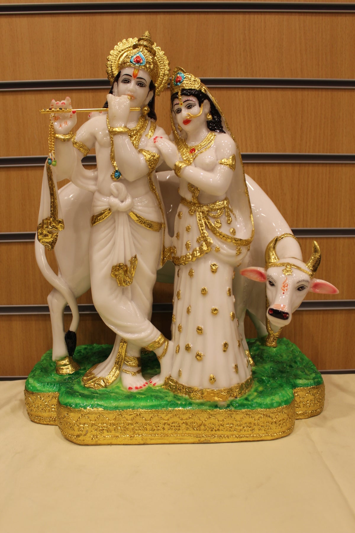 Resin/Fibre Radha Krishna with Cow Statue for Home Temple – White & Gold, 17 inch – front view