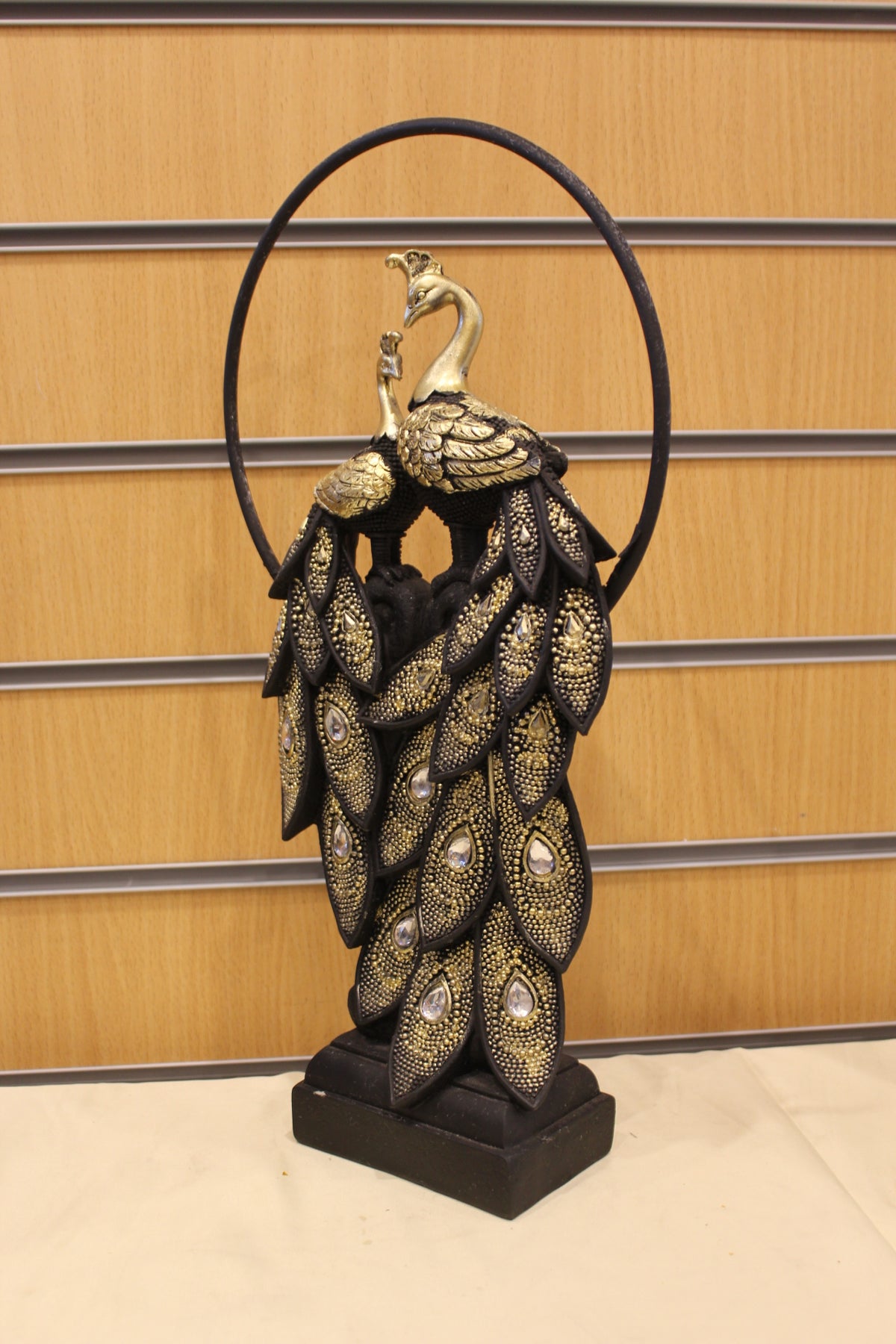 Jewelled Peacock Sculpture with Ring – Black & Gold, 16 inch – right side view