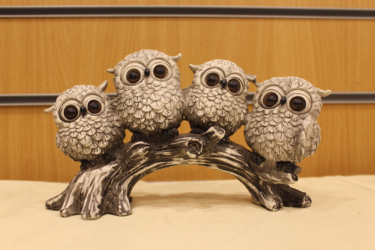 Owls on a Branch Sculpture – Four Owls, 9 inch – front view
