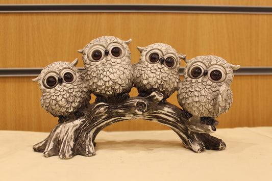 Owls on a Branch Sculpture – Four Owls, 9 inch – front view