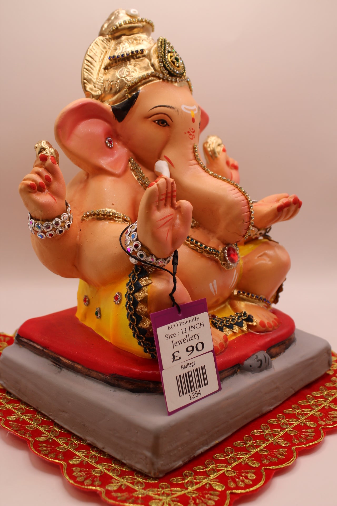 Eco-Friendly Ganesh Visarjan idol, Jewellery Style Yellow Dhoti & Navy Gold Border, front view 2