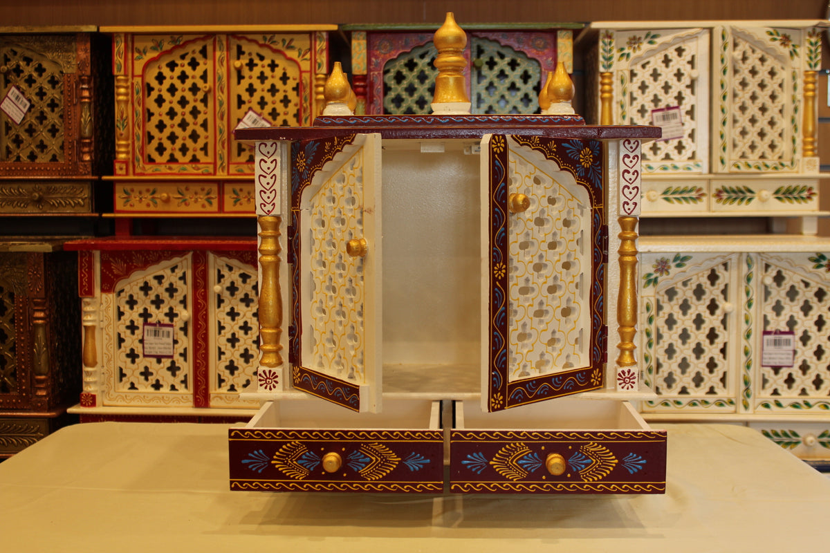Jaipuri Mandir with Doors in maroon & white, doors and drawers open