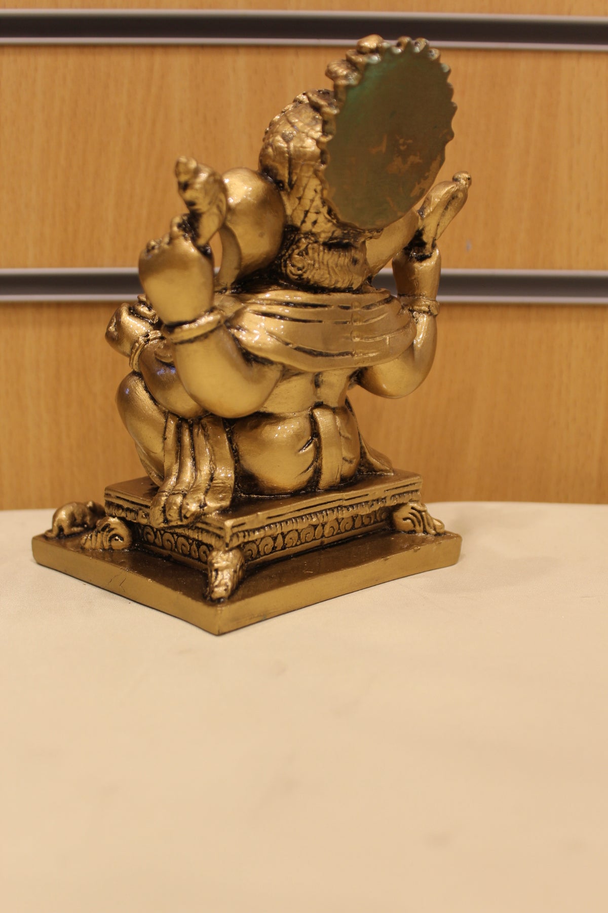 Resin/Fibre Ganesh Statue – Antique Gold, Small, 6 to 7 inch – Seated on Chowki – 6 inch – back view