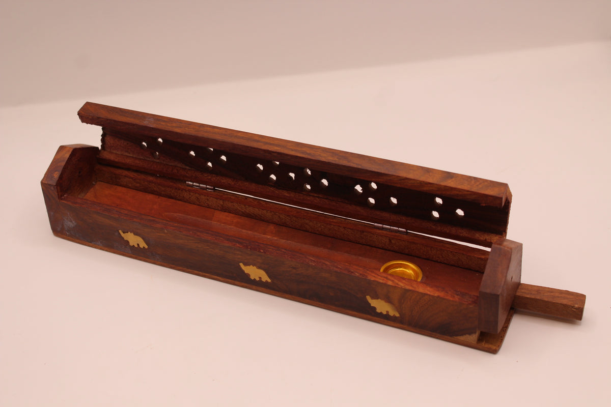 Wooden incense burner box with lid sliding open