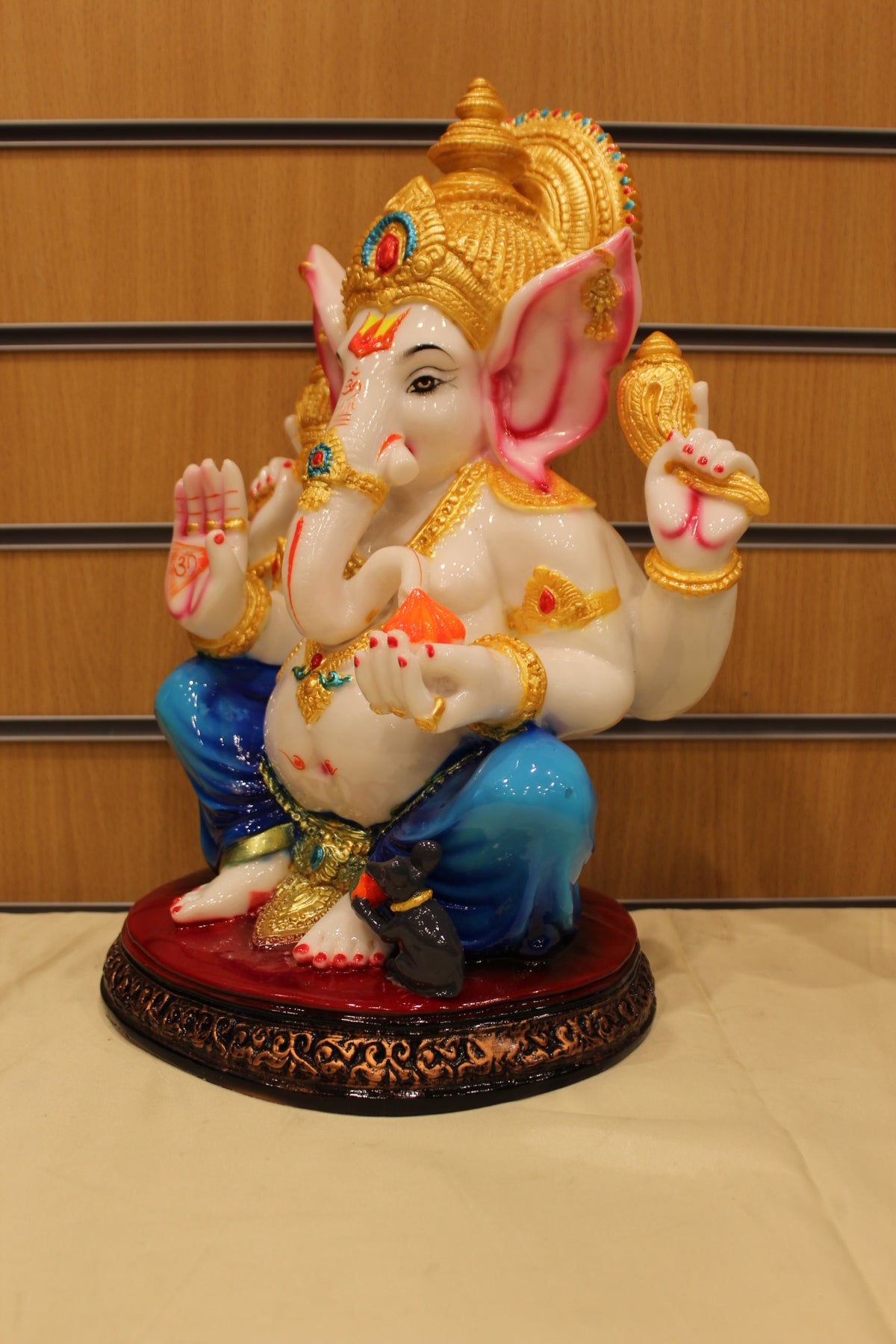 Resin/Fibre Ganesh Statue for Home Temple – Seated with Modak, 16 inch – Blue Dhoti – right side view