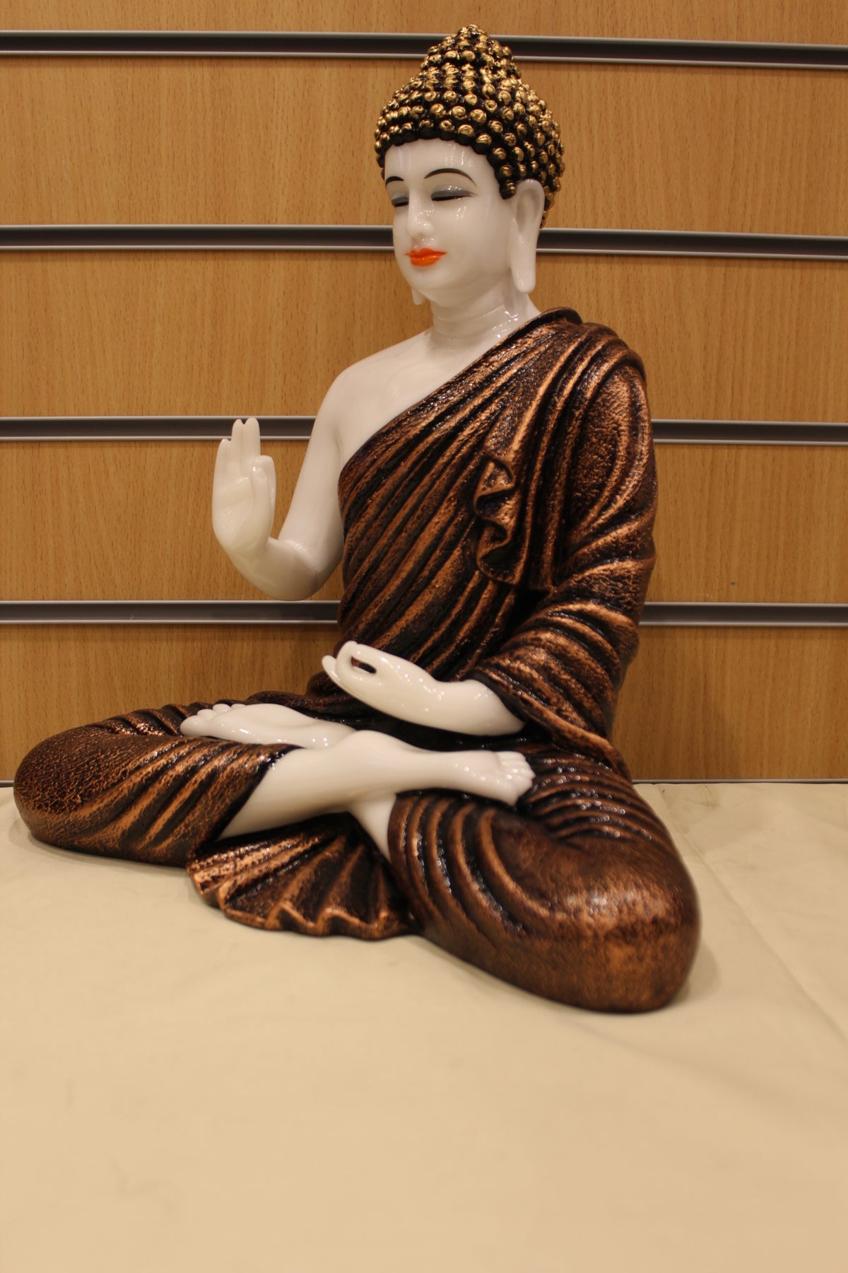 Resin/Fibre Buddha Statue – White & Copper Robe, Blessing Hand, 15 inch – right side view