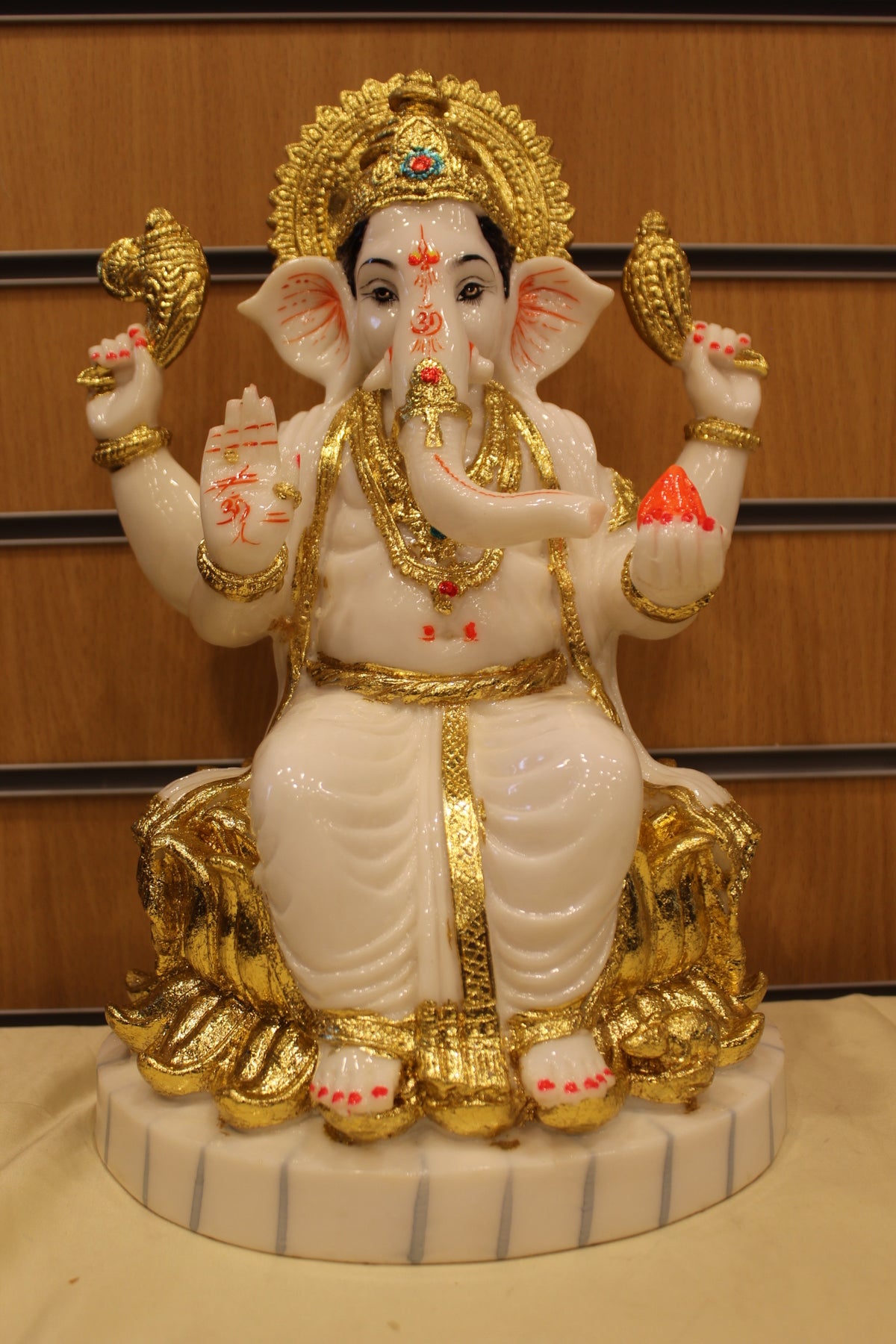Resin/Fibre Ganesh Statue for Home Temple – White & Gold on Lotus, 14 inch – front view