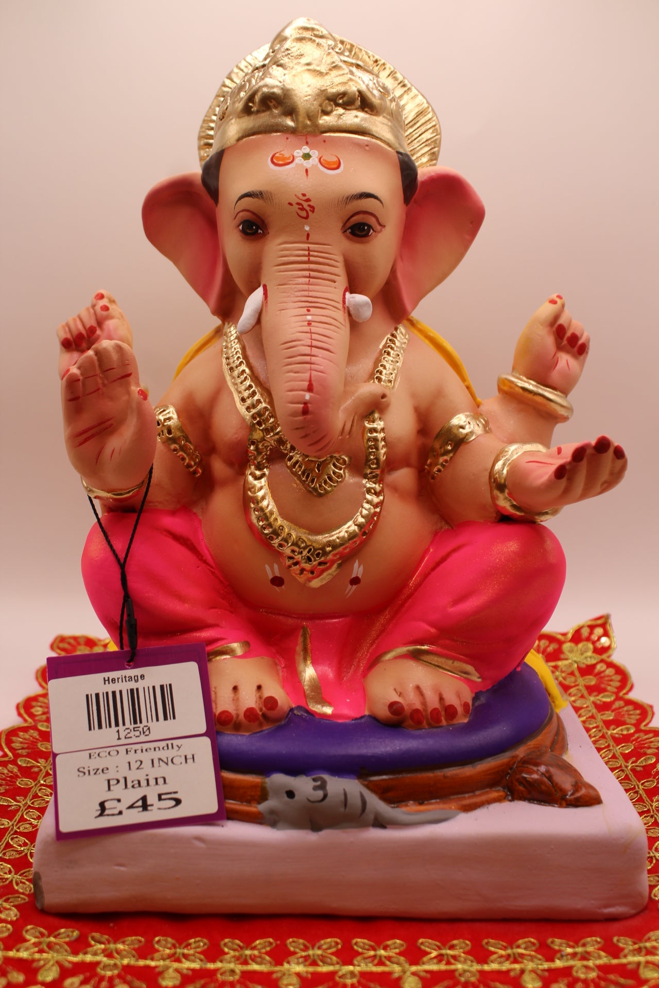 Eco-Friendly Ganesh Visarjan idol, Yellow Khes & Hot Pink Dhoti, Purple Throne Seat, front view