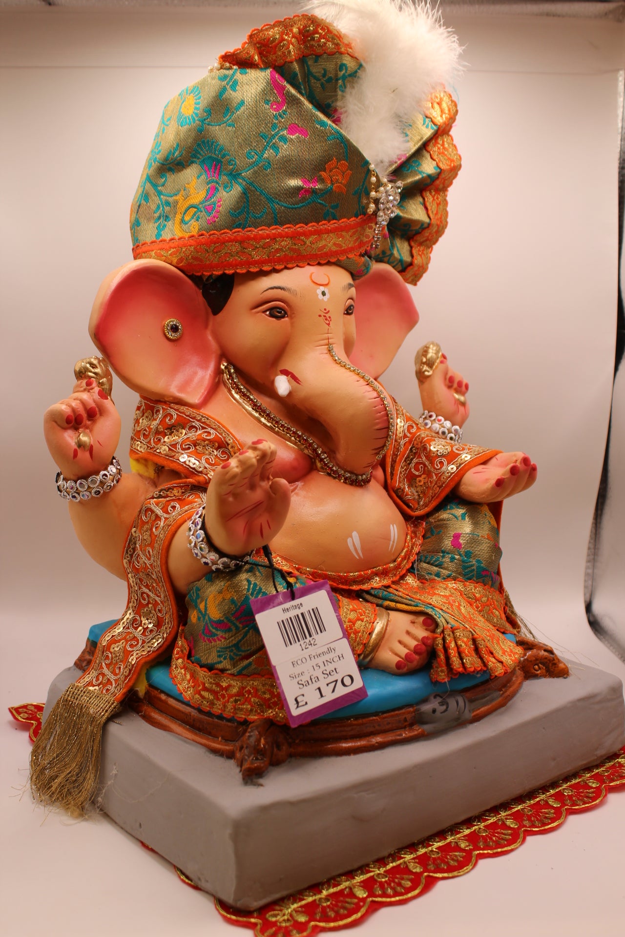 Eco-Friendly Ganesh Visarjan idol, Full Safa Set Olive Gold Paithani & Orange Velvet, side view