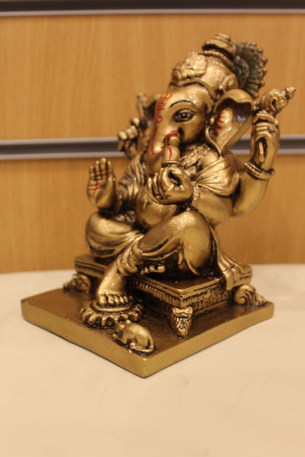 Resin/Fibre Ganesh Statue – Antique Gold, Small, 6 to 7 inch – Seated on Chowki – 6 inch – right side view