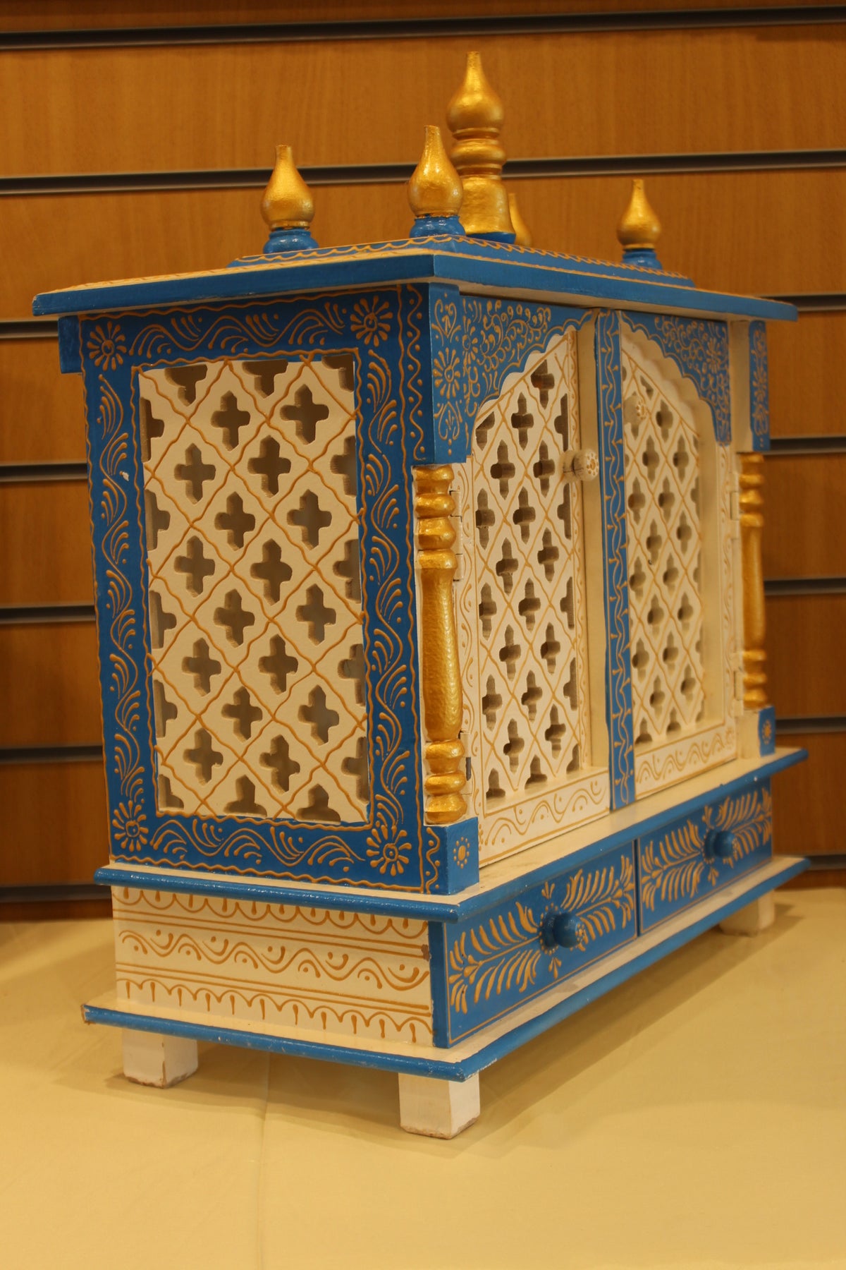 Jaipuri Mandir with Doors in white & blue, angled side view from the other side