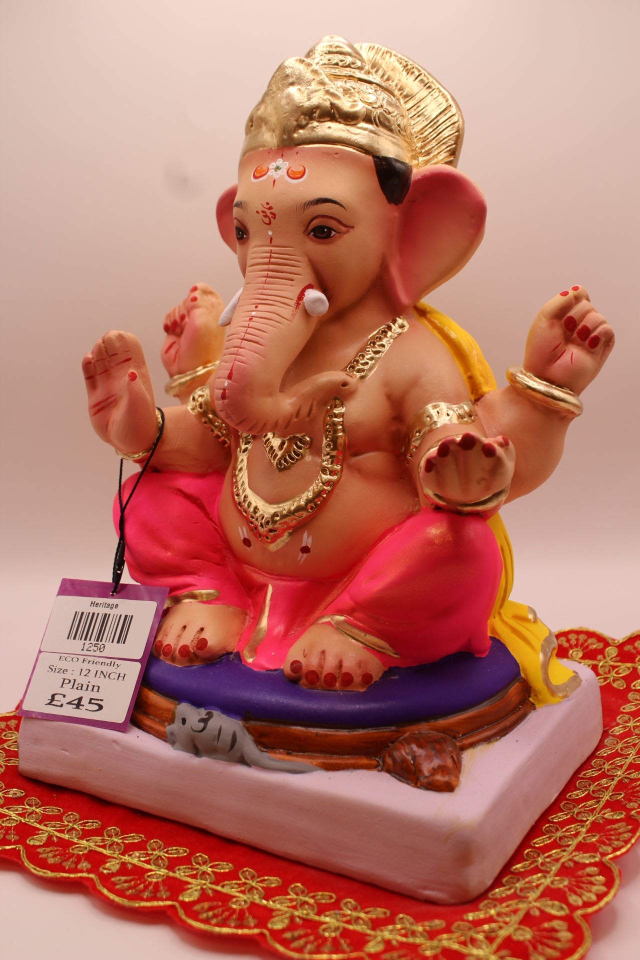 Eco-Friendly Ganesh Visarjan idol, Yellow Khes & Hot Pink Dhoti, Purple Throne Seat, front view 2