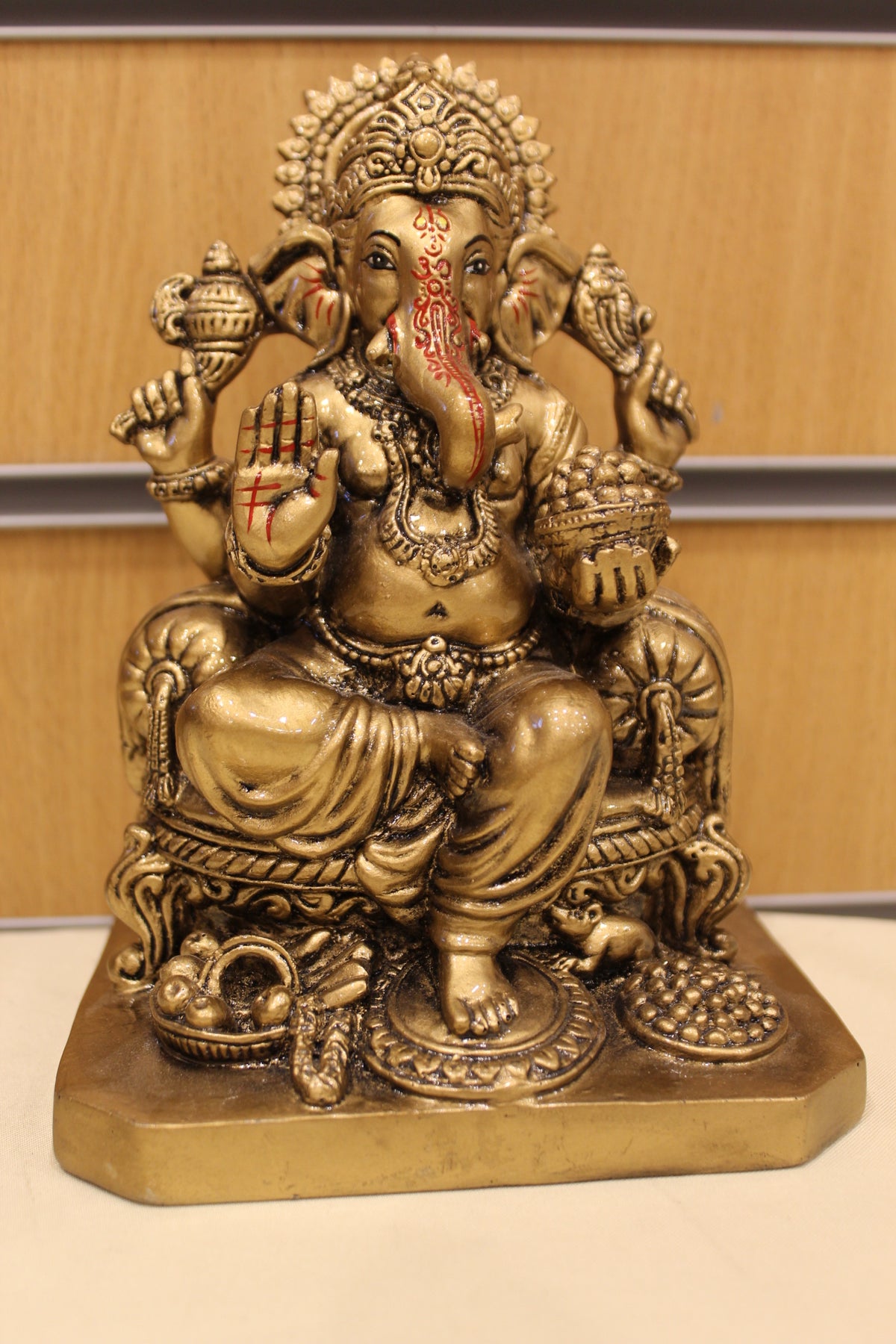 Resin/Fibre Ganesh Statue – Antique Gold, Small, 6 to 7 inch – Seated on Throne – 7 inch – front view