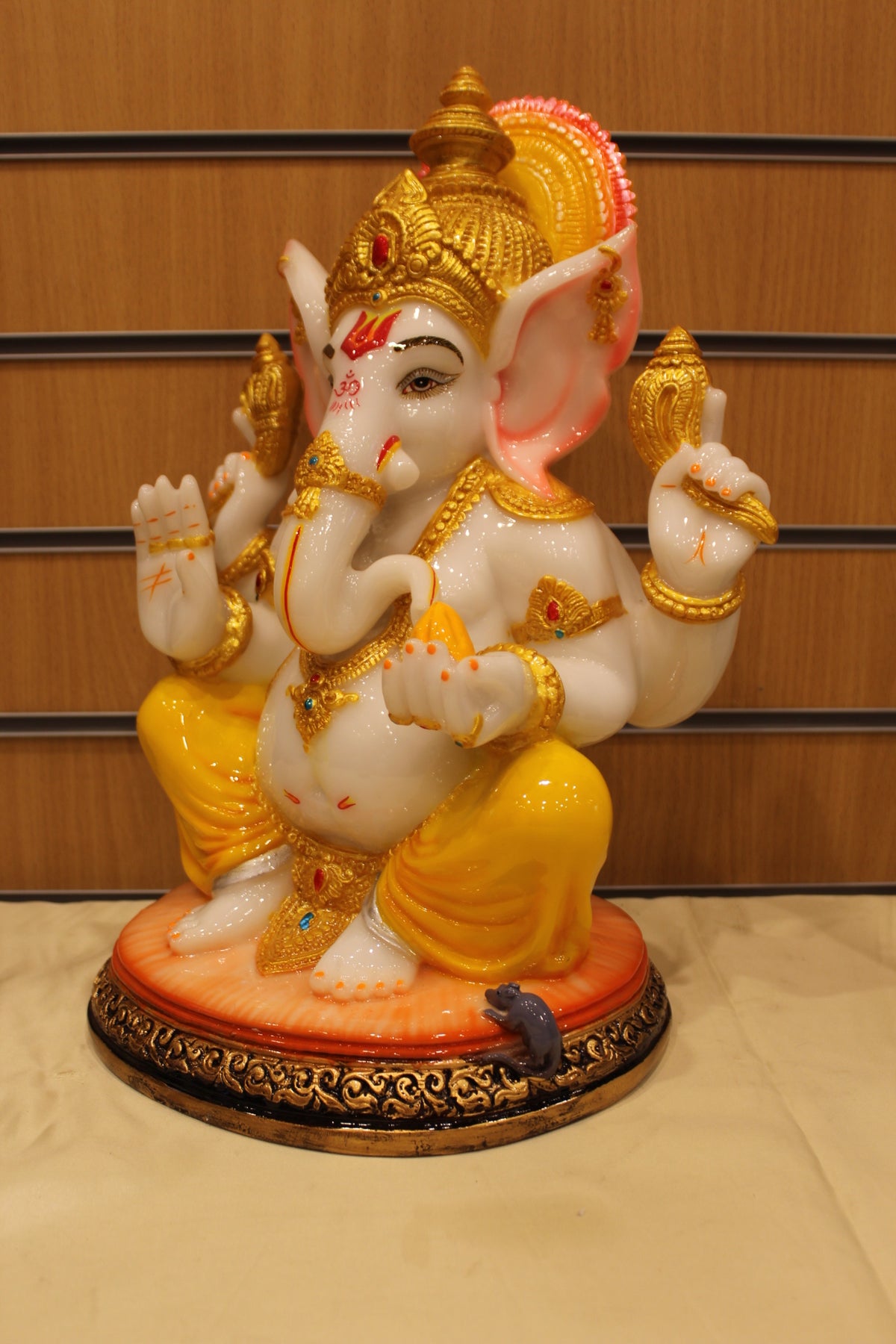 Resin/Fibre Ganesh Statue for Home Temple – Seated with Modak, 16 inch – Yellow Dhoti – right side view