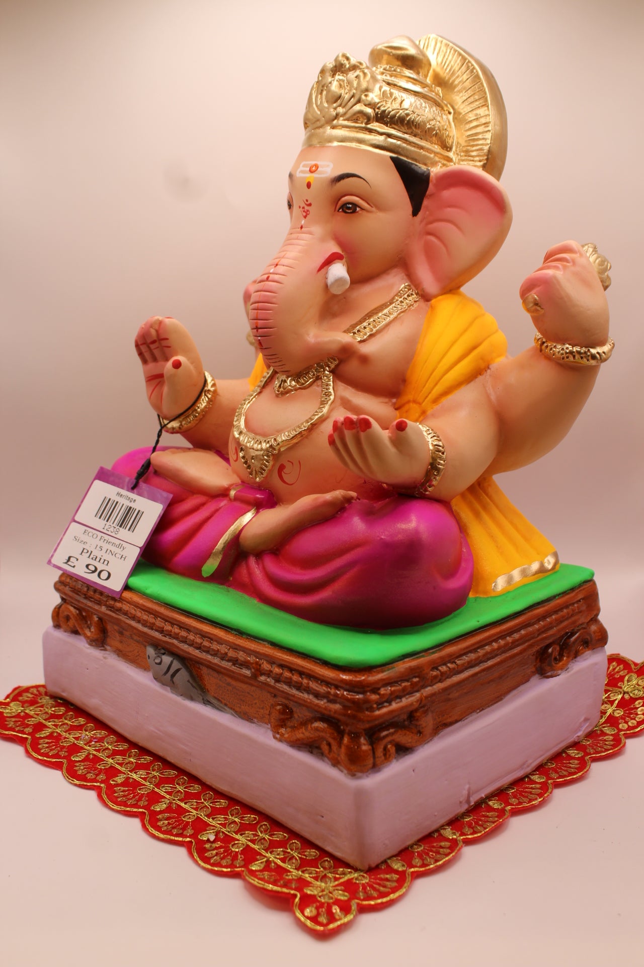 Eco-Friendly Ganesh Visarjan idol, Yellow Khes & Pink Dhoti, Gold Halo Mukut, close-up