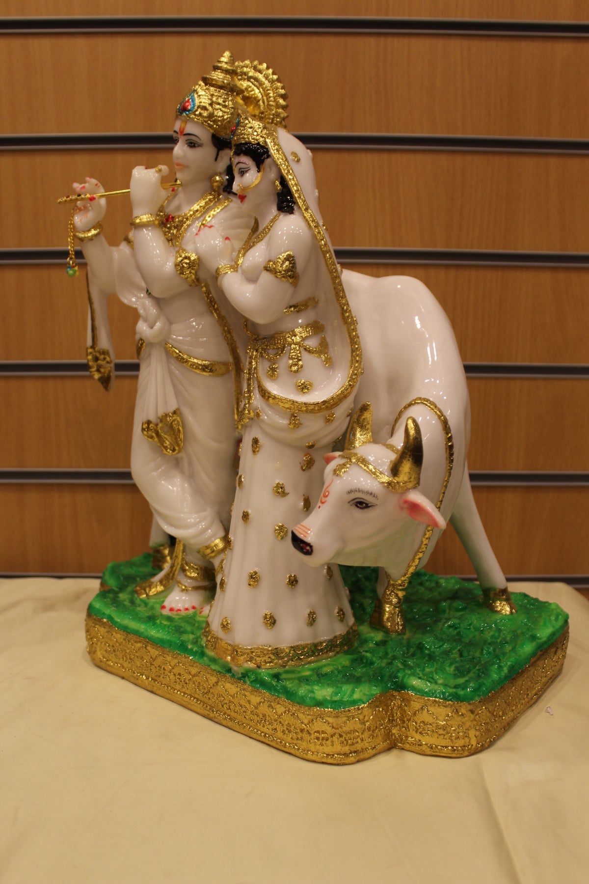Resin/Fibre Radha Krishna with Cow Statue for Home Temple – White & Gold, 17 inch – right side view