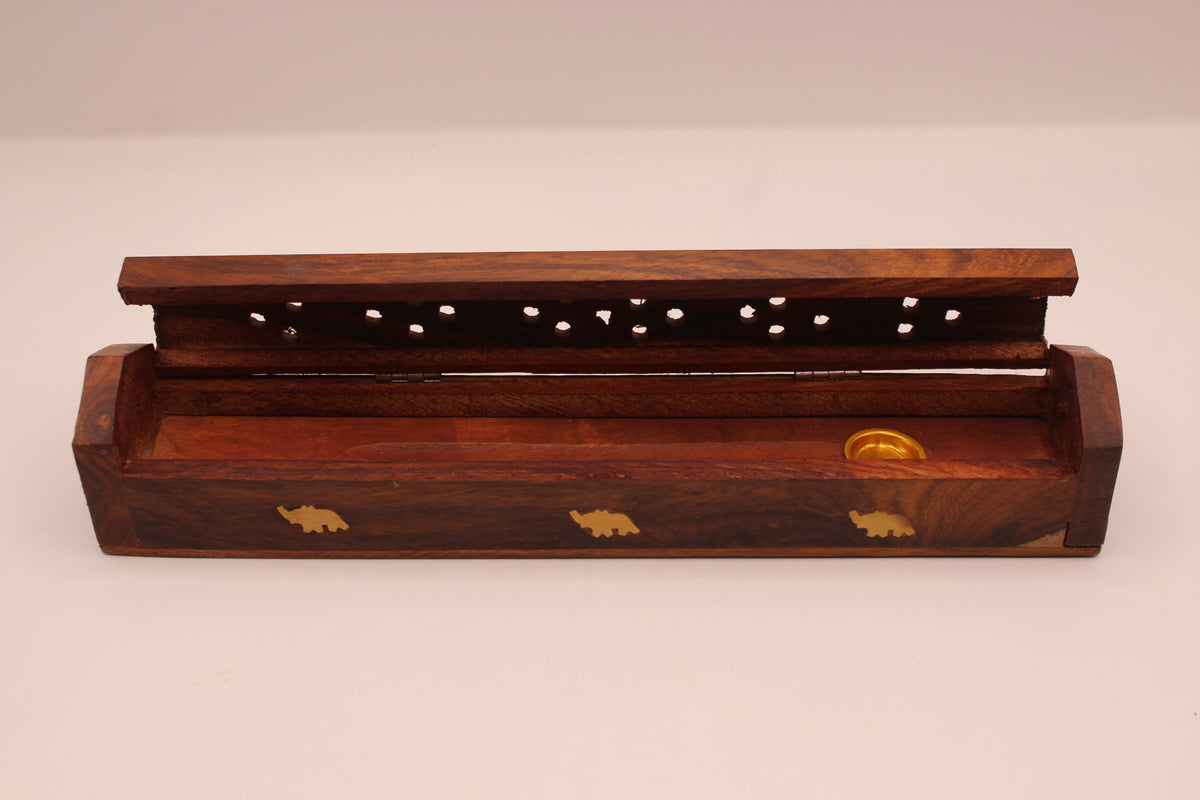 Wooden incense burner box, open