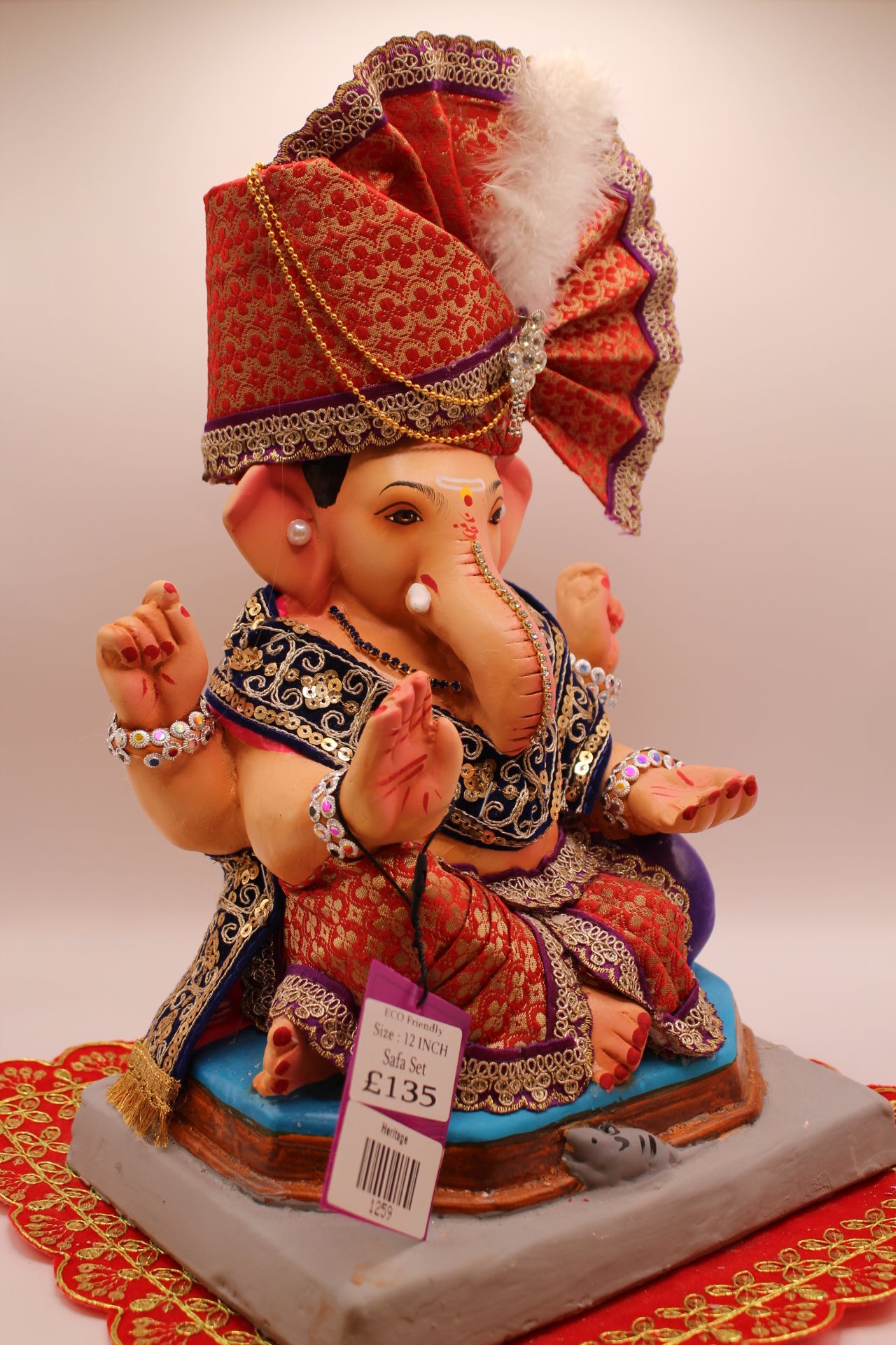 Eco-Friendly Ganesh Visarjan idol, Full Safa Set Red Brocade & Navy Khes, front view 2