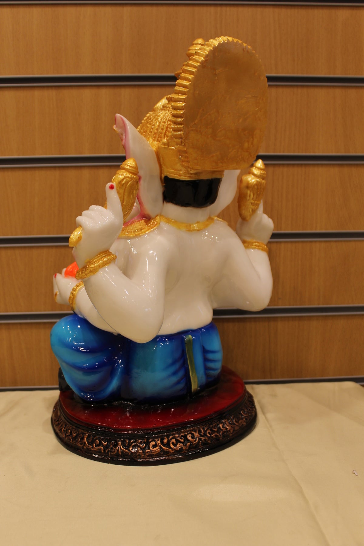 Resin/Fibre Ganesh Statue for Home Temple – Seated with Modak, 16 inch – Blue Dhoti – back view