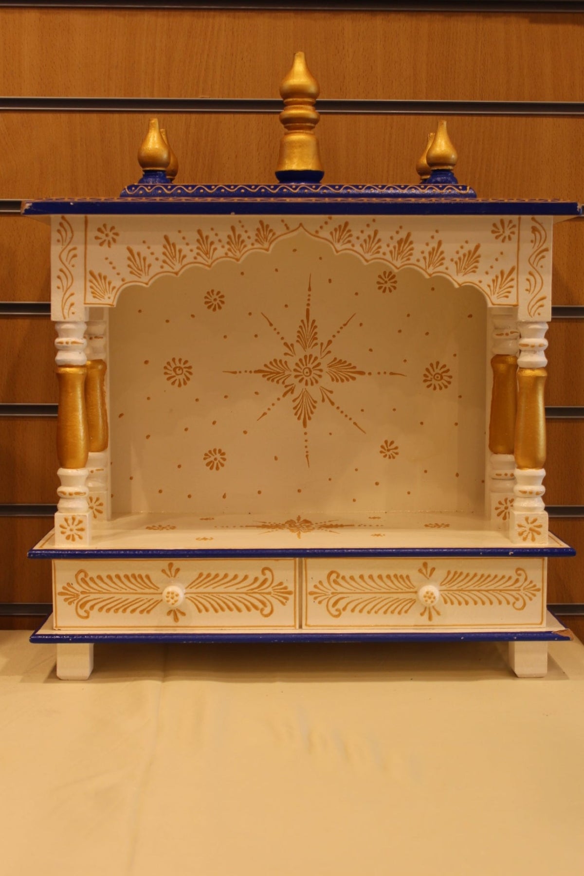 Open Front Jaipuri Mandir in white & navy, front view