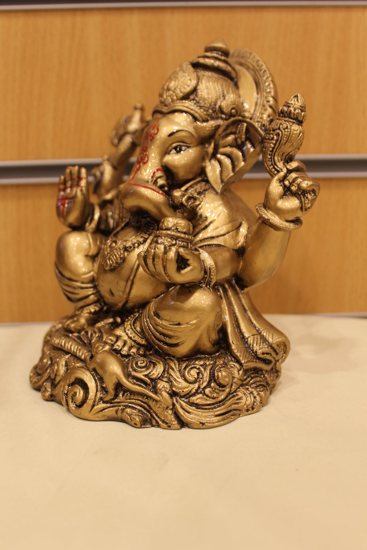 Resin/Fibre Ganesh Statue – Antique Gold, Small, 6 to 7 inch – Seated on Clouds – 6 inch – right side view