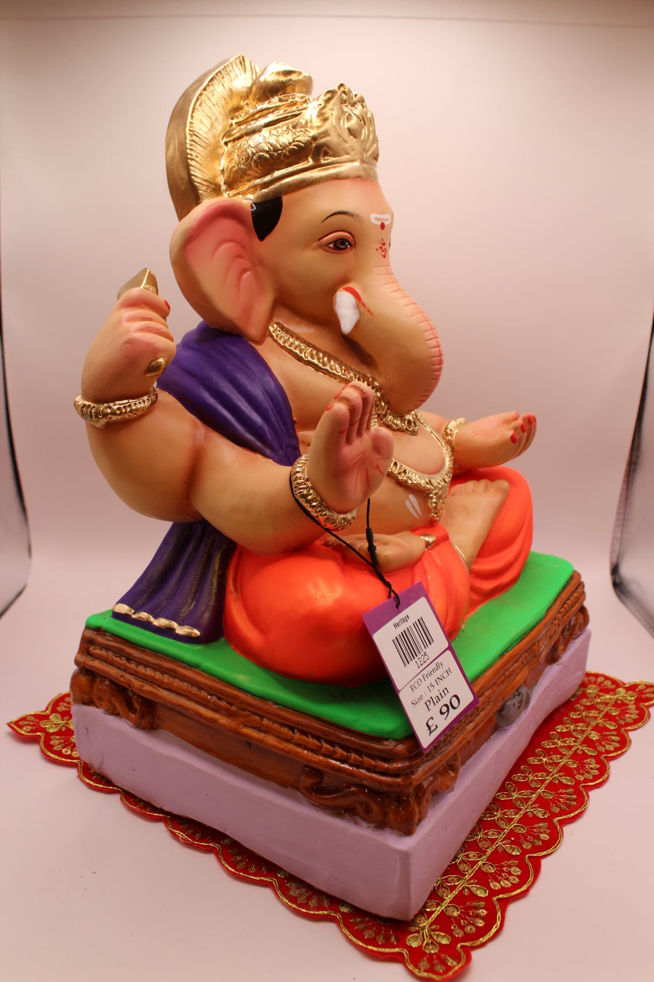 Eco-Friendly Ganesh Visarjan idol, Purple Khes & Orange Dhoti, Gold Collar, side view