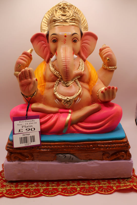 Eco-Friendly Ganesh Visarjan idol, Saffron Khes & Pink Dhoti, Turquoise Seat, front view
