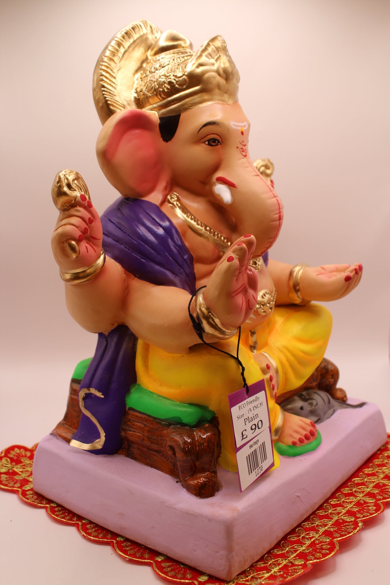 Eco-Friendly Ganesh Visarjan idol, Purple Khes & Yellow Dhoti, Rock Seat, side view