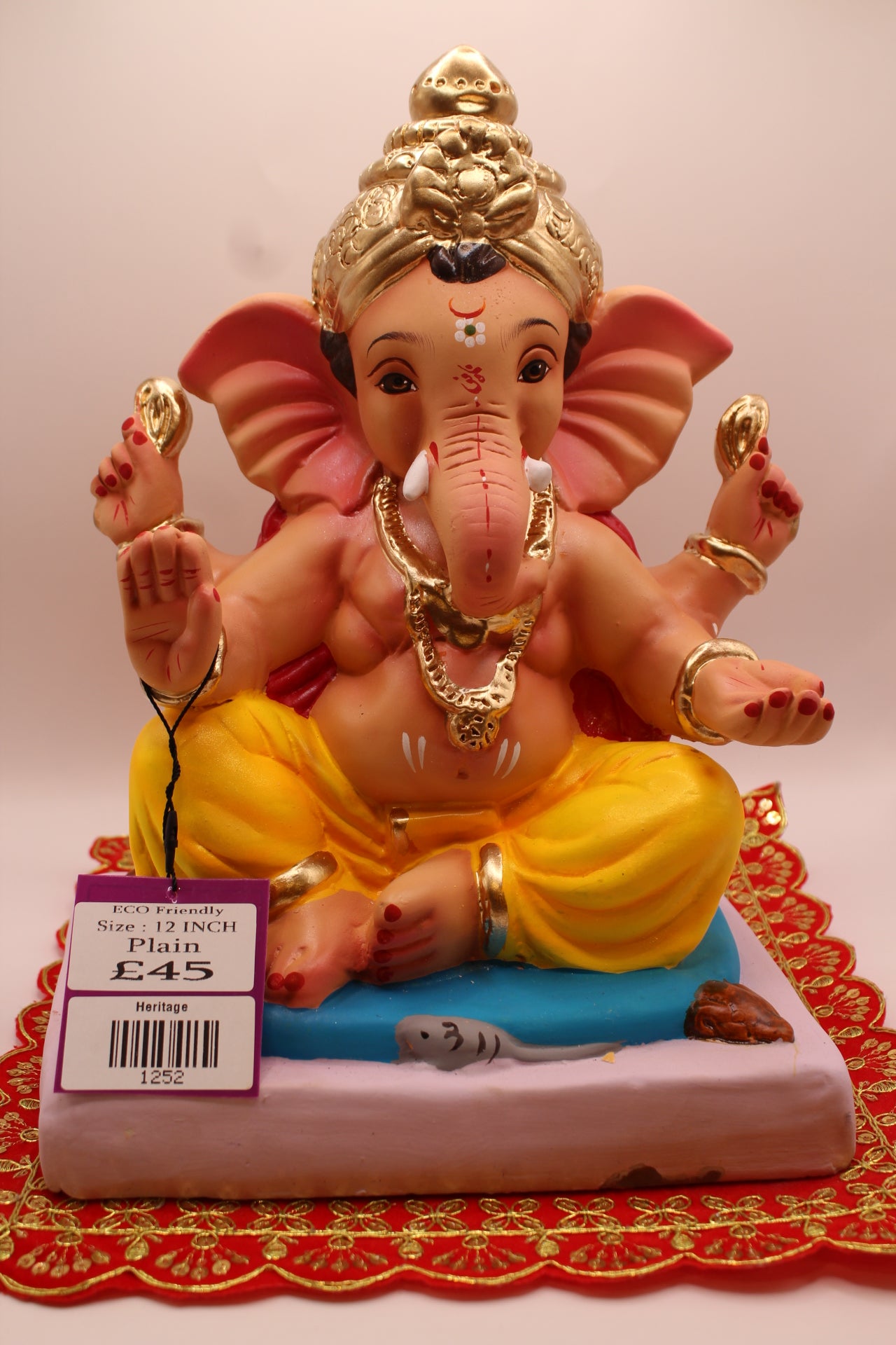 Eco-Friendly Ganesh Visarjan idol, Red Khes & Yellow Dhoti, Tall Gold Mukut, front view