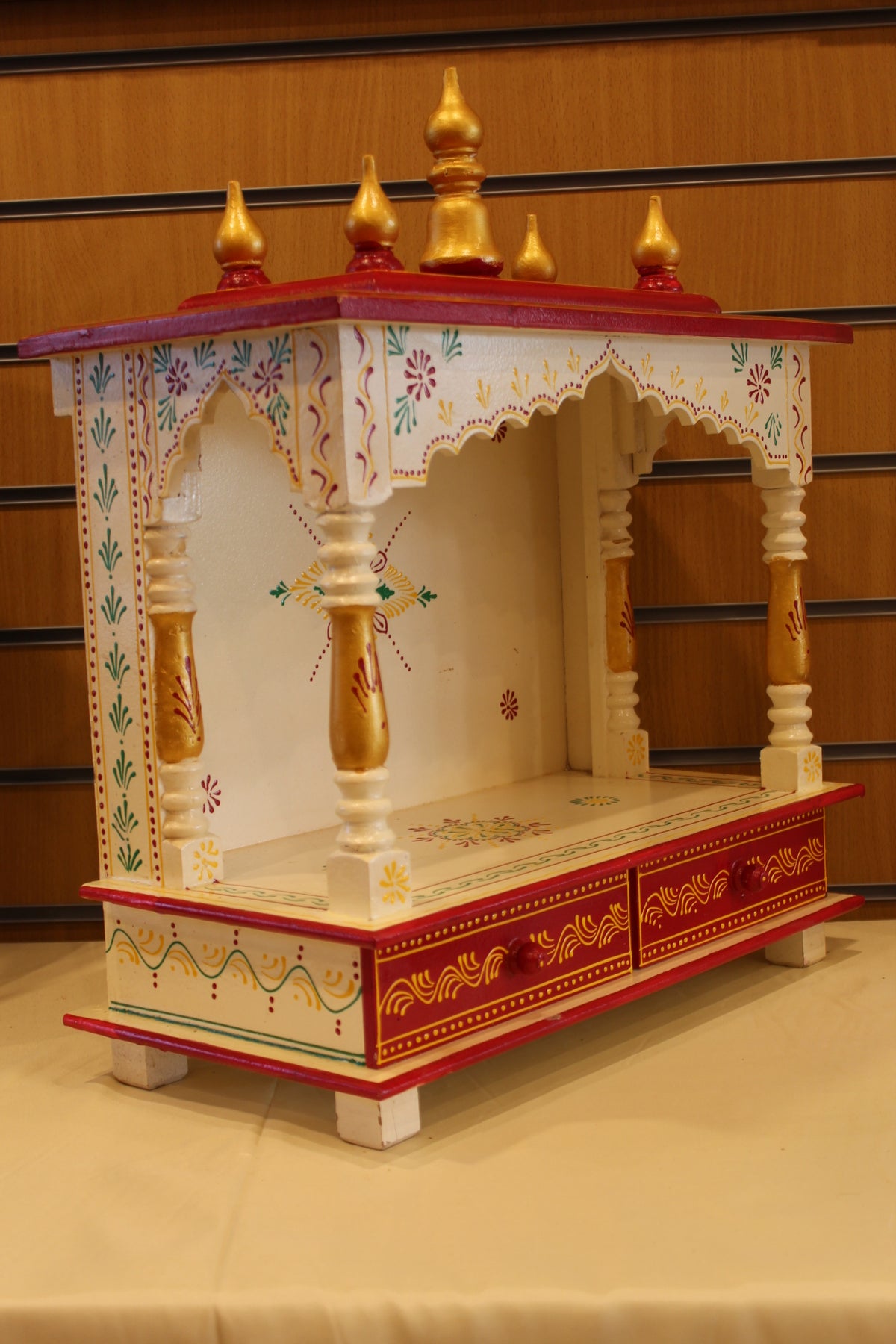Open Front Jaipuri Mandir in white & red, angled side view