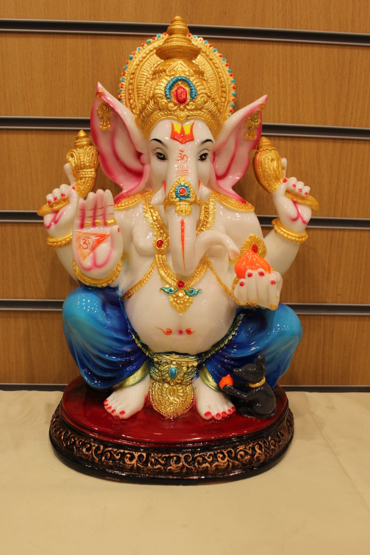Resin/Fibre Ganesh Statue for Home Temple – Seated with Modak, 16 inch – Blue Dhoti – front view
