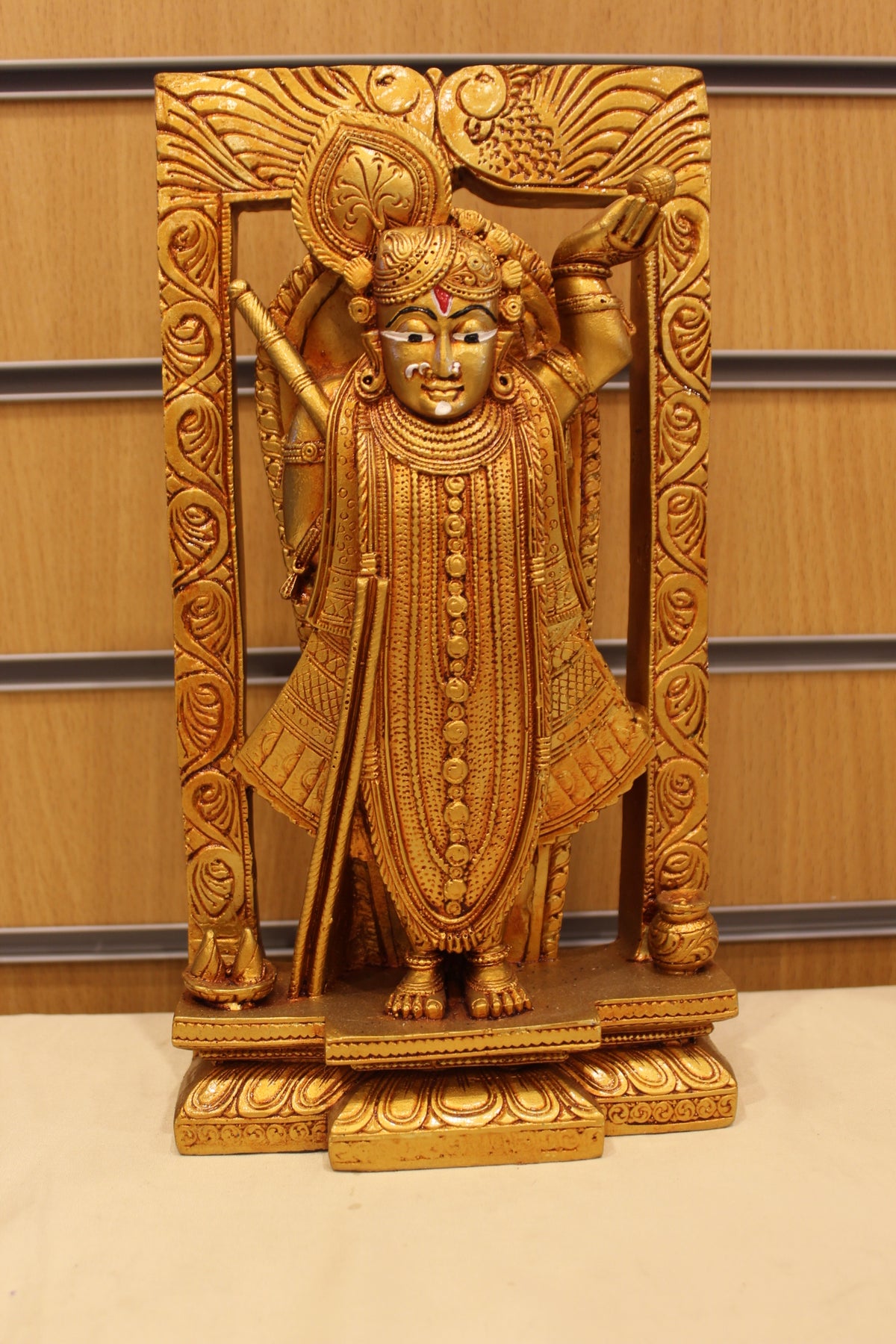 Resin/Fibre Shreenathji Statue for Home Temple – In Carved Frame, 11.5 inch – Gold – front view
