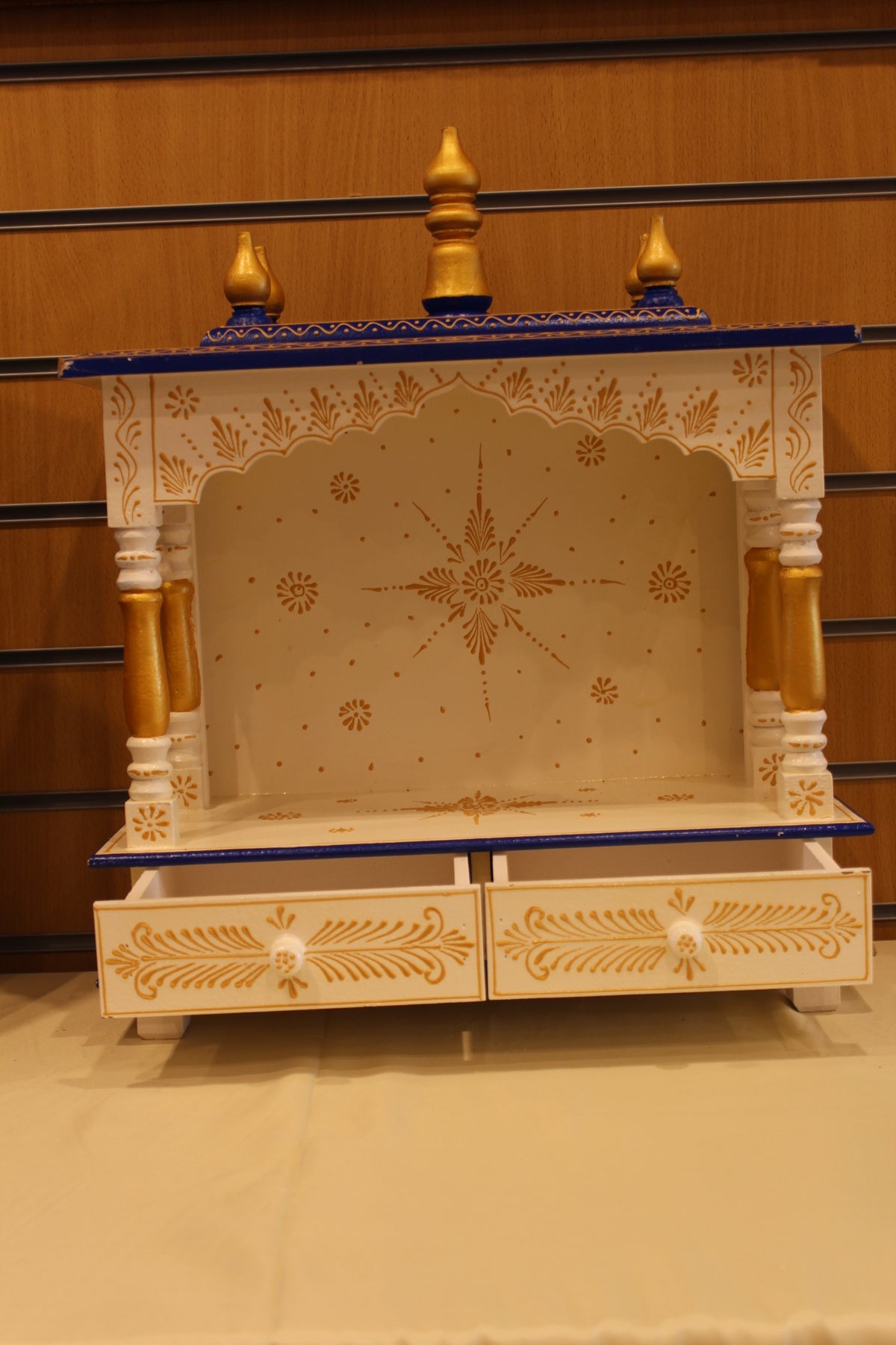 Open Front Jaipuri Mandir in white & navy, drawers open