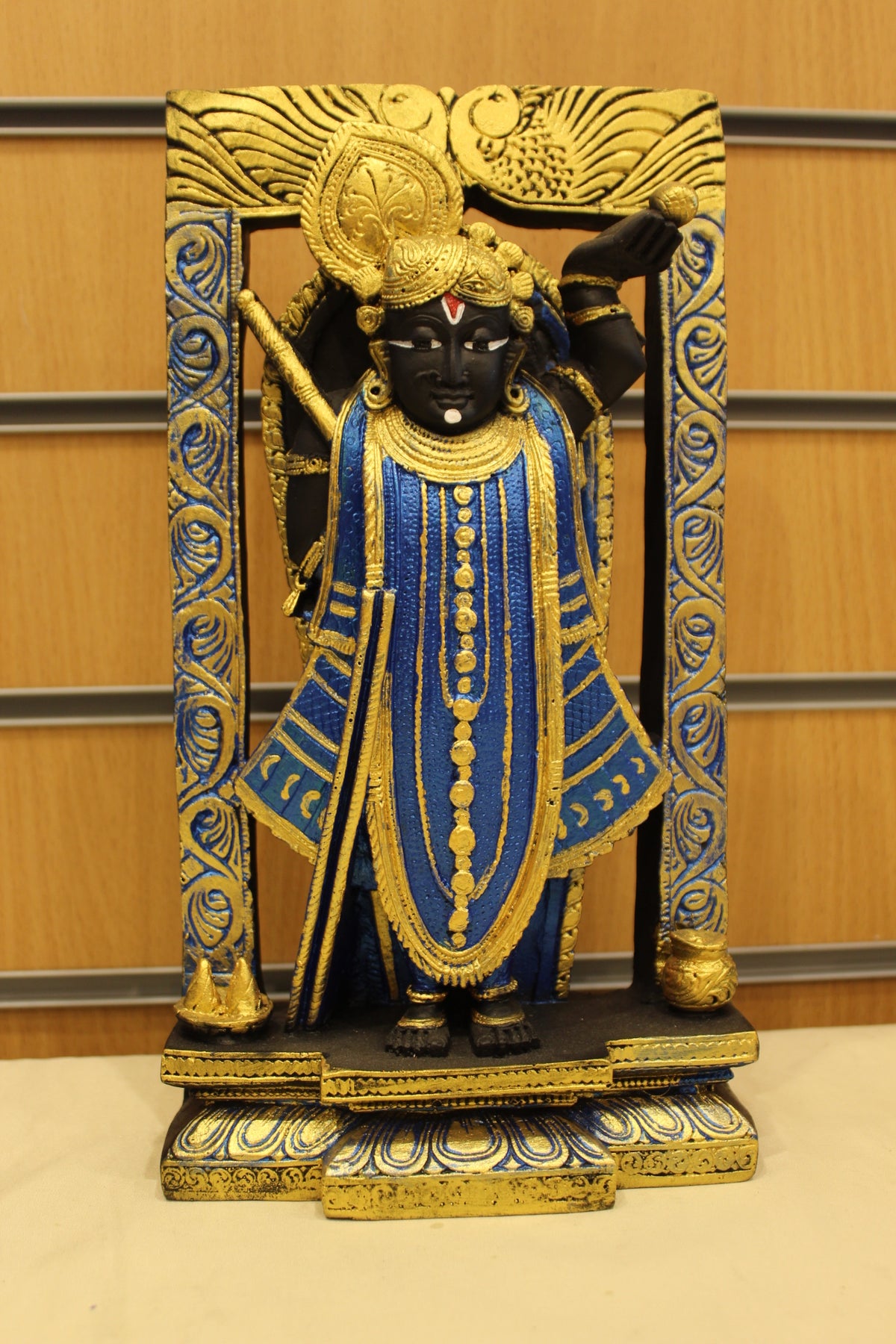 Resin/Fibre Shreenathji Statue for Home Temple – In Carved Frame, 11.5 inch – Black & Blue – front view