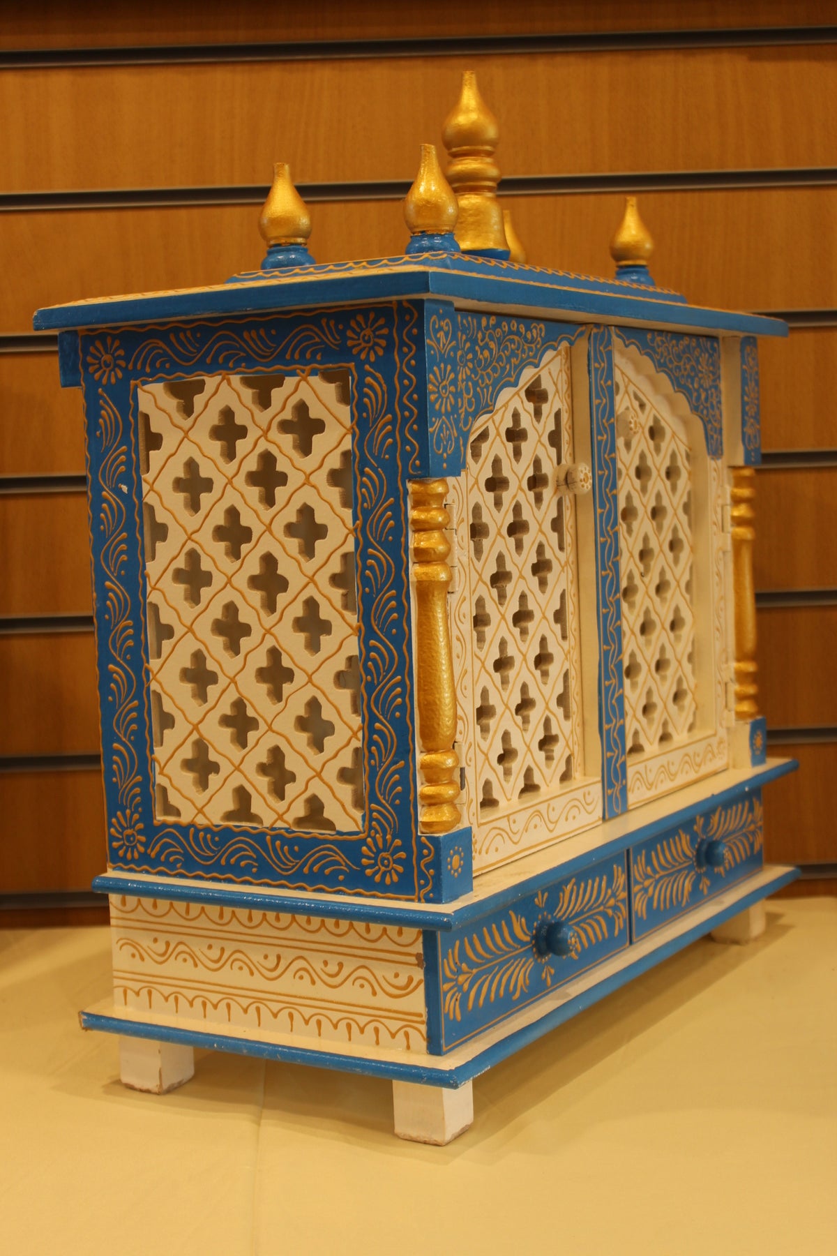 Jaipuri Mandir with Doors in white & blue, angled side view