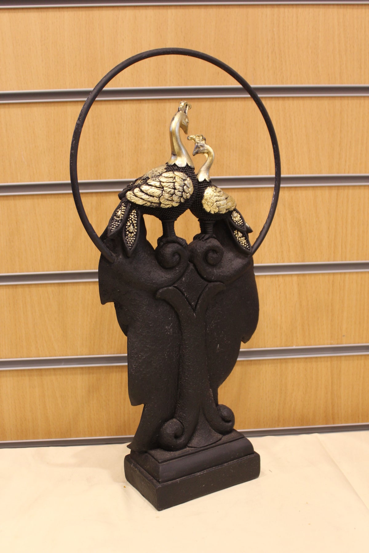 Jewelled Peacock Sculpture with Ring – Black & Gold, 16 inch – back view
