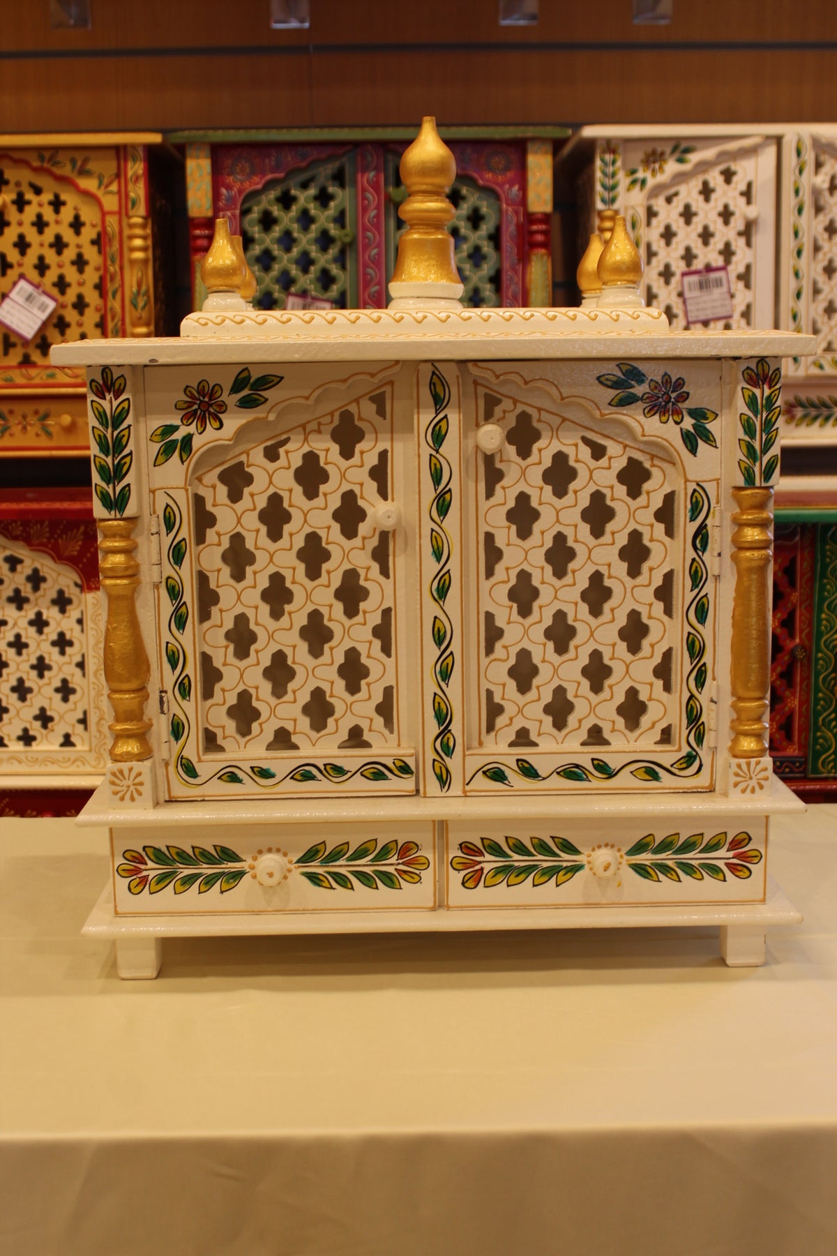 Jaipuri Mandir with Doors in white, green leaf art, front view