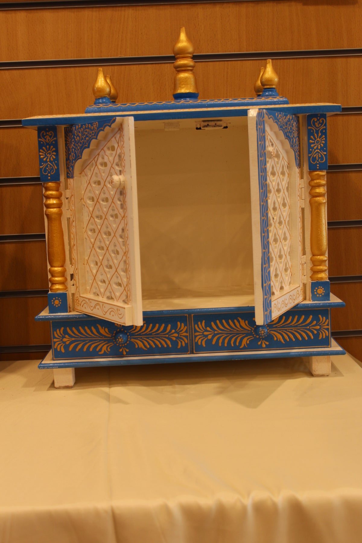 Jaipuri Mandir with Doors in white & blue, doors open