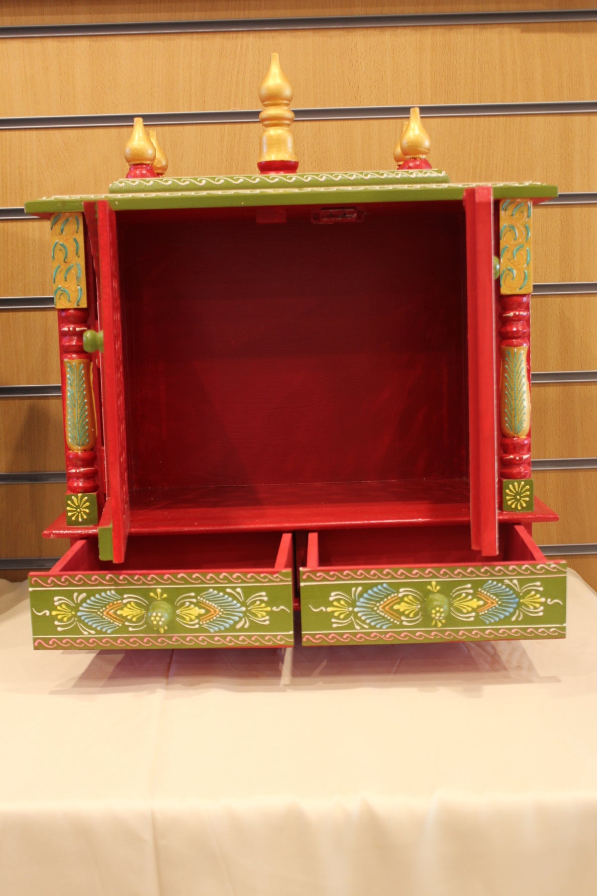 Jaipuri Mandir with Doors in red & green, doors and drawers open