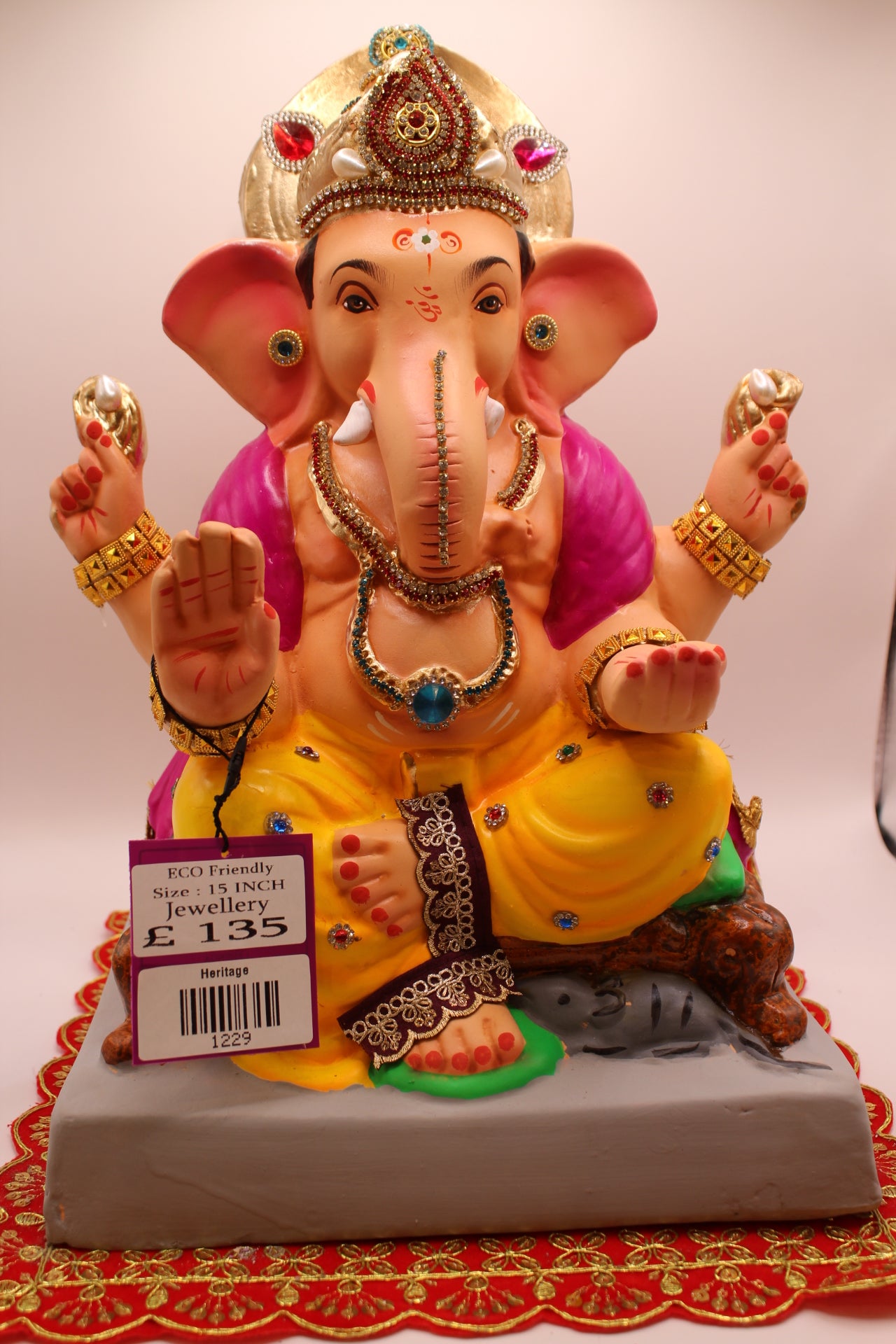 Eco-Friendly Ganesh Visarjan idol, Jewellery Style Magenta Khes & Yellow Dhoti, front view