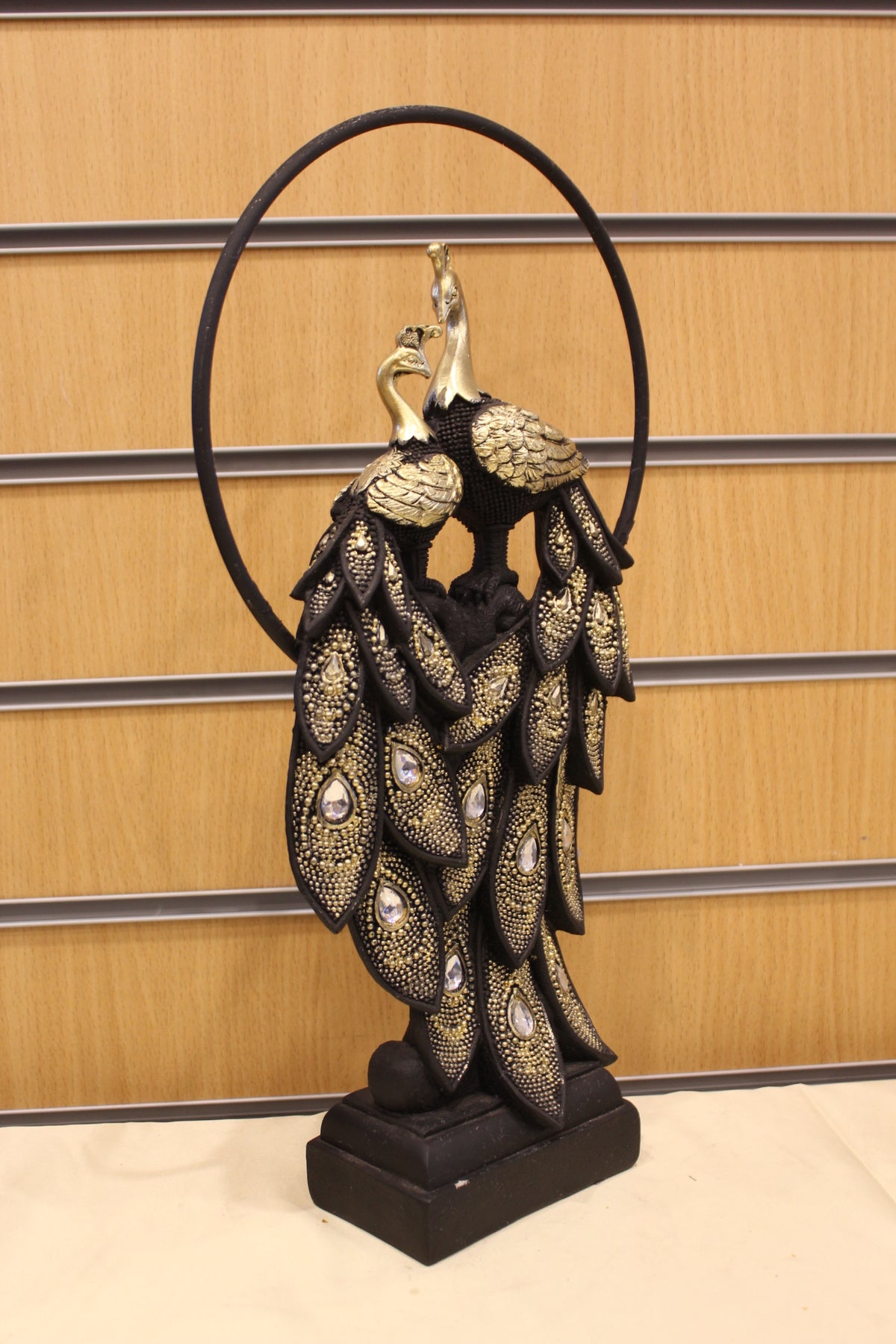 Jewelled Peacock Sculpture with Ring – Black & Gold, 16 inch – left side view