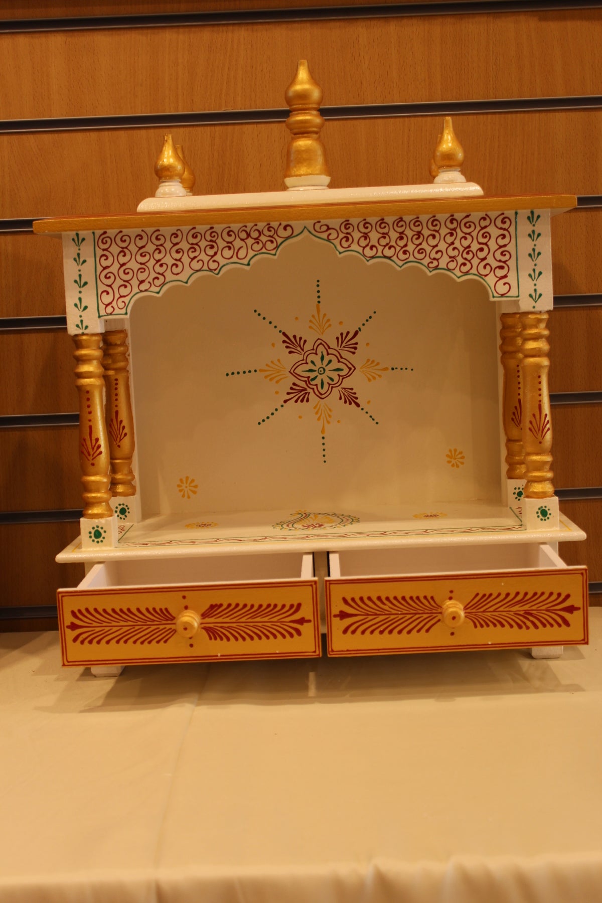 Open Front Jaipuri Mandir in white & gold, drawers open
