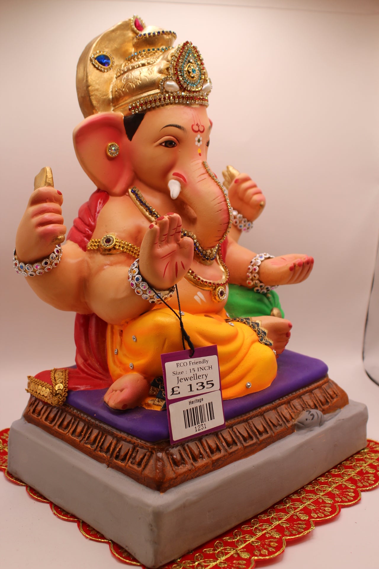 Eco-Friendly Ganesh Visarjan idol, Jewellery Style Red Khes & Saffron Dhoti, front view 2